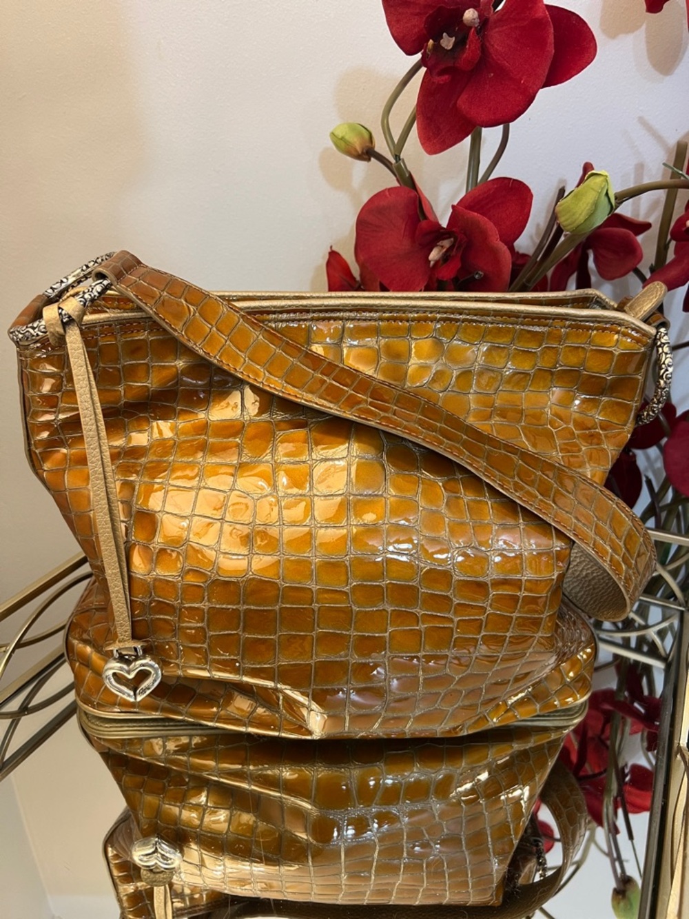 Brighton Y2K Croc-Embossed Slouchy Patent Leather Shoulder Bag – Cognac Gold